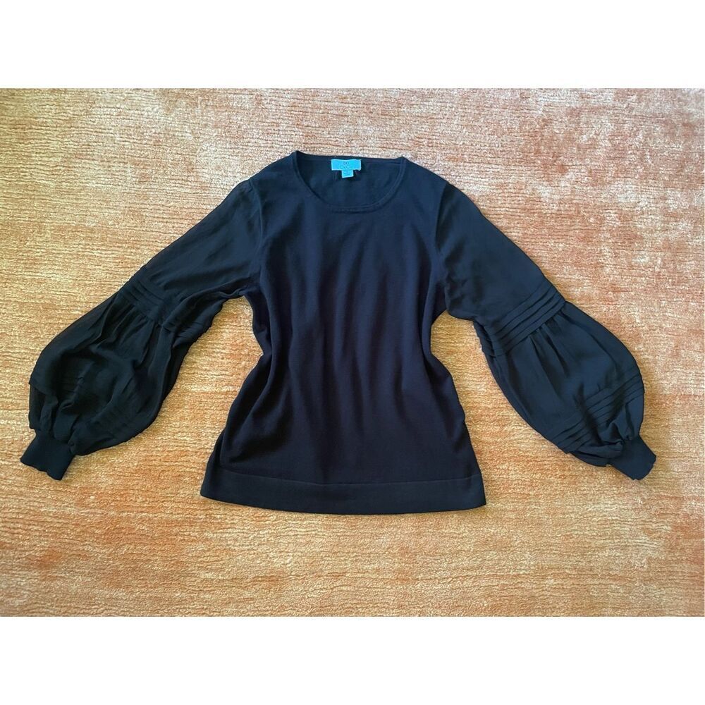 CeCe Long Sleeve Crew Neck Mixed Fabric Blouse M